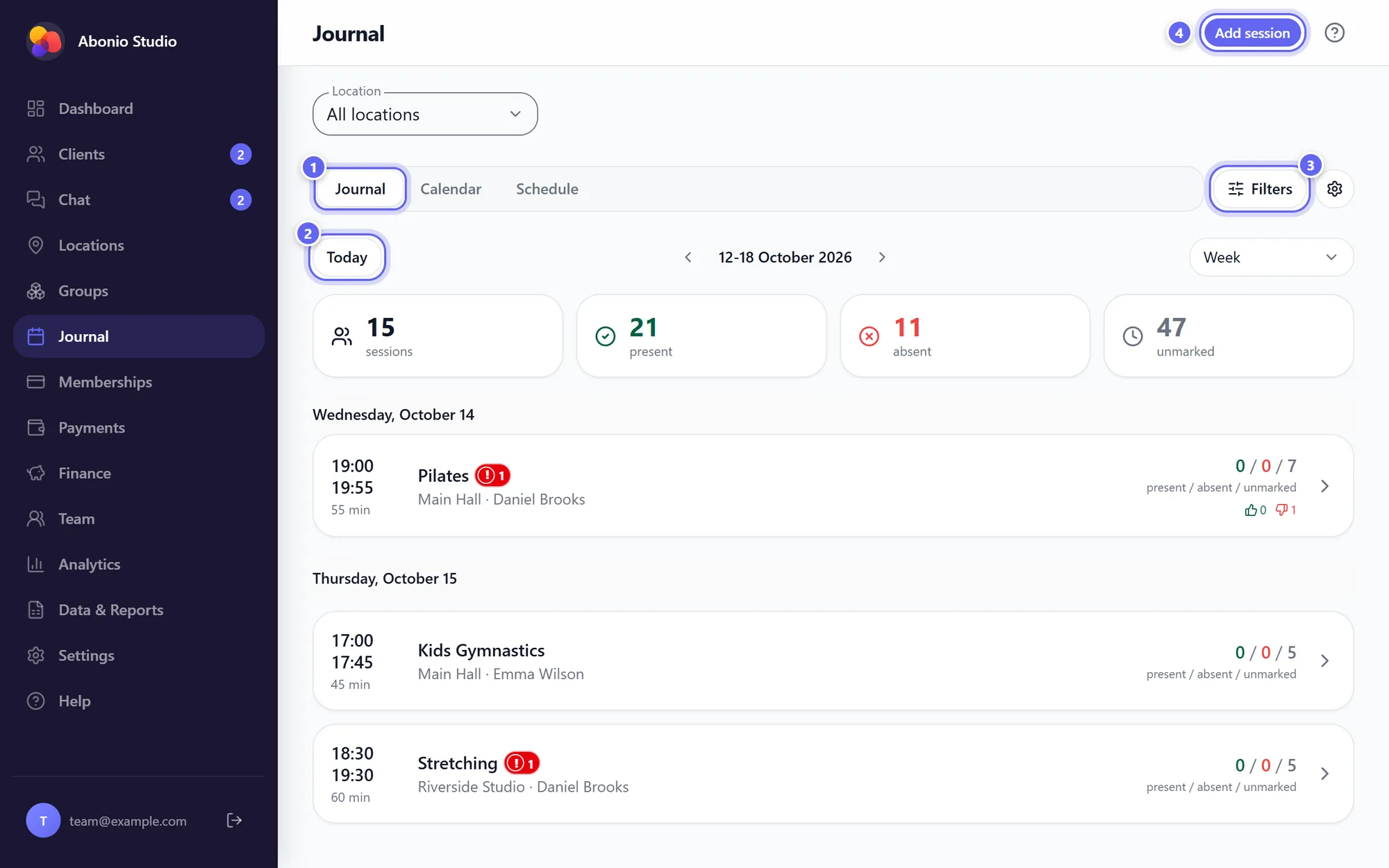The Journal tab: period navigation, an attendance summary and sessions listed by day