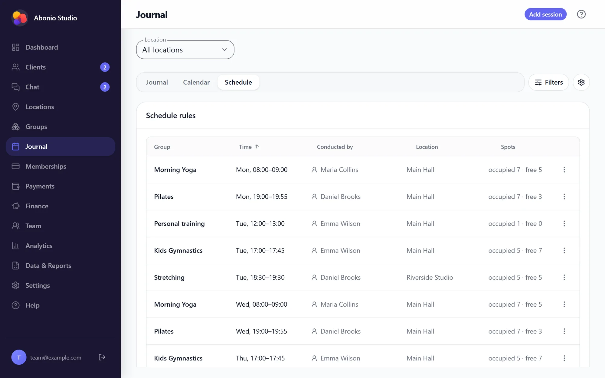 The Schedule tab: a table of rules with group, time, trainer, location and spots