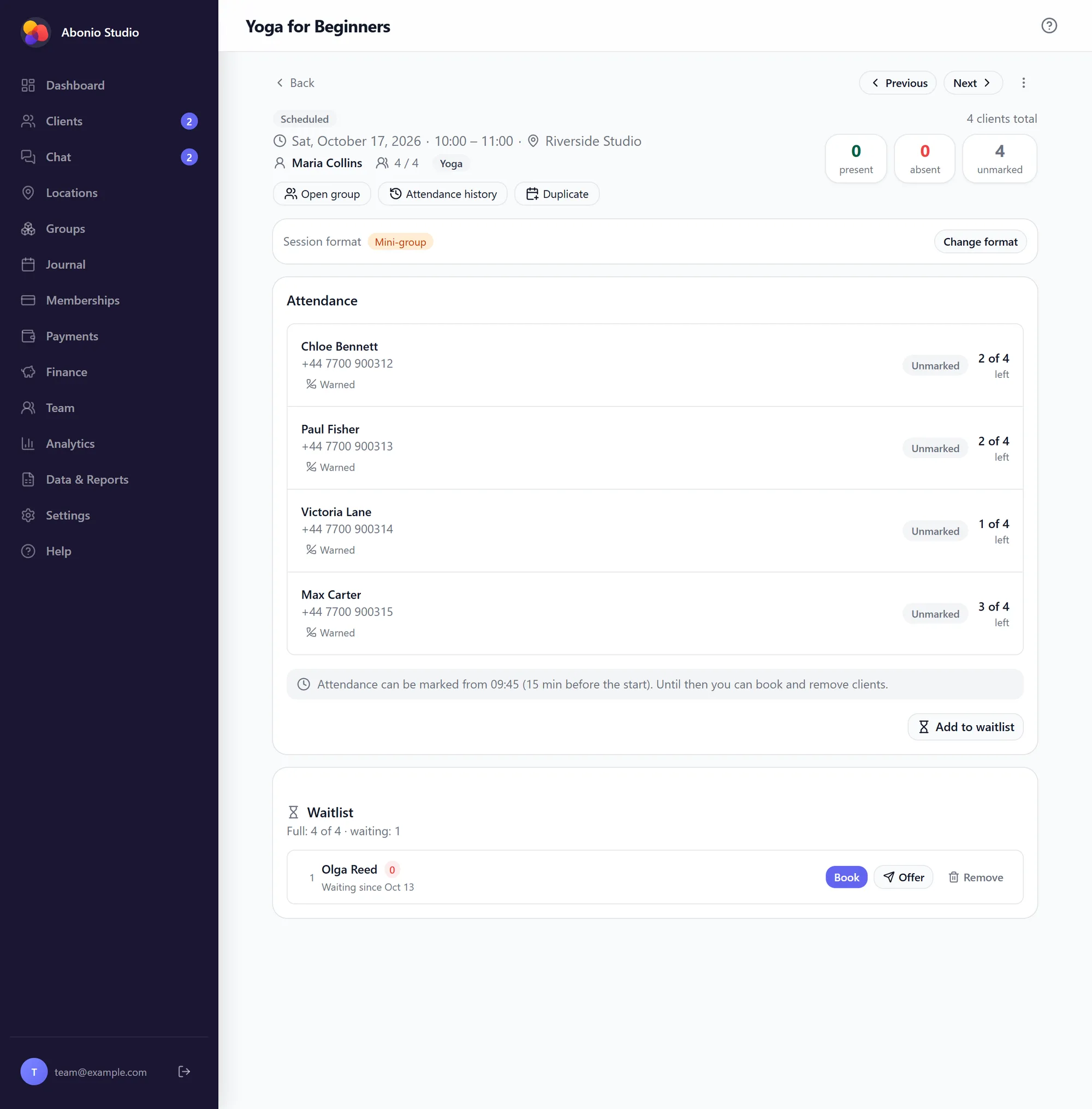 A full mini-group session with a waitlist and the Book, Offer and Remove buttons